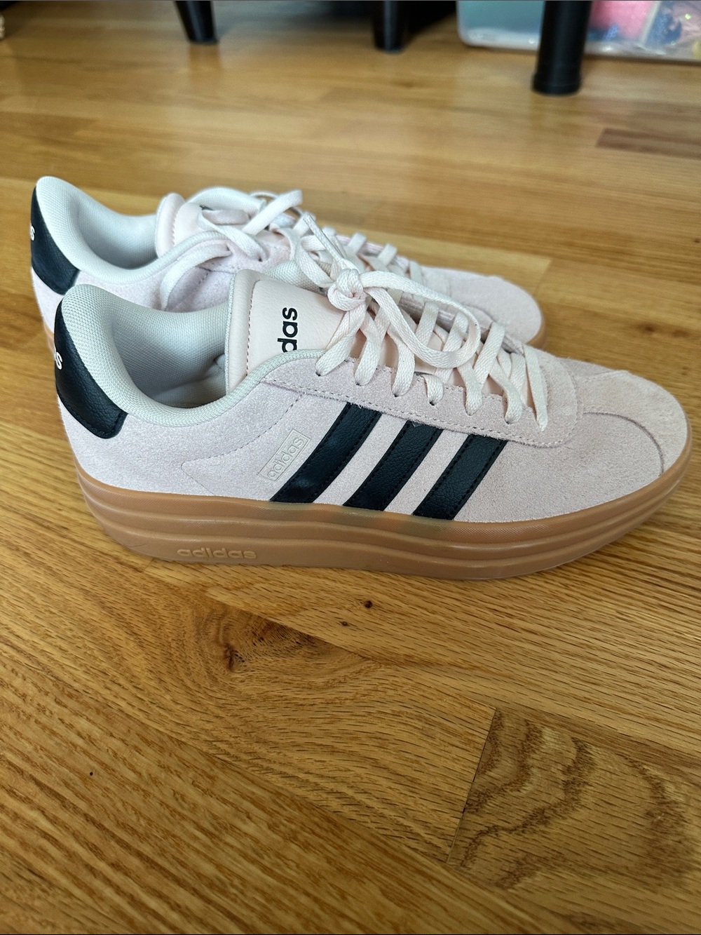 adidas Pink Suede Low-Top Sneakers with Black Stripes and Gum Sole